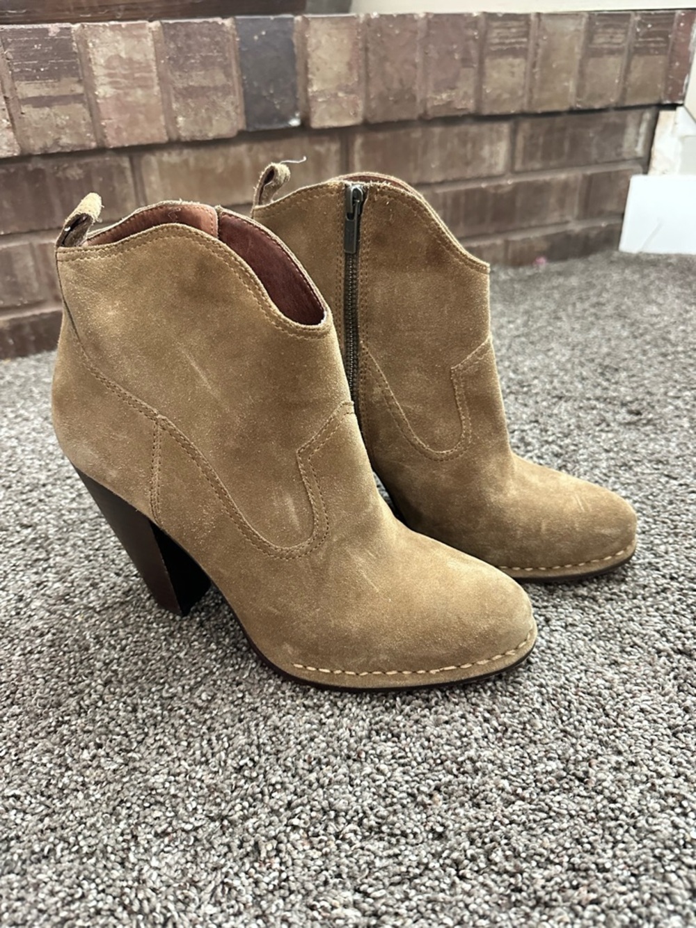 Nordstrom Tan Suede Ankle Booties with Stacked Heel